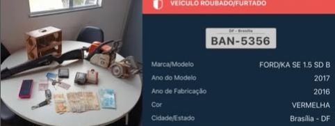 Materiais apreendidos pela 86ª CIPM durante a ação policial em Santa Rita de Cássia, incluindo veículo com restrição de furto/roubo, dinheiro, eletrônicos, ferramentas, arma de pressão e outros objetos.