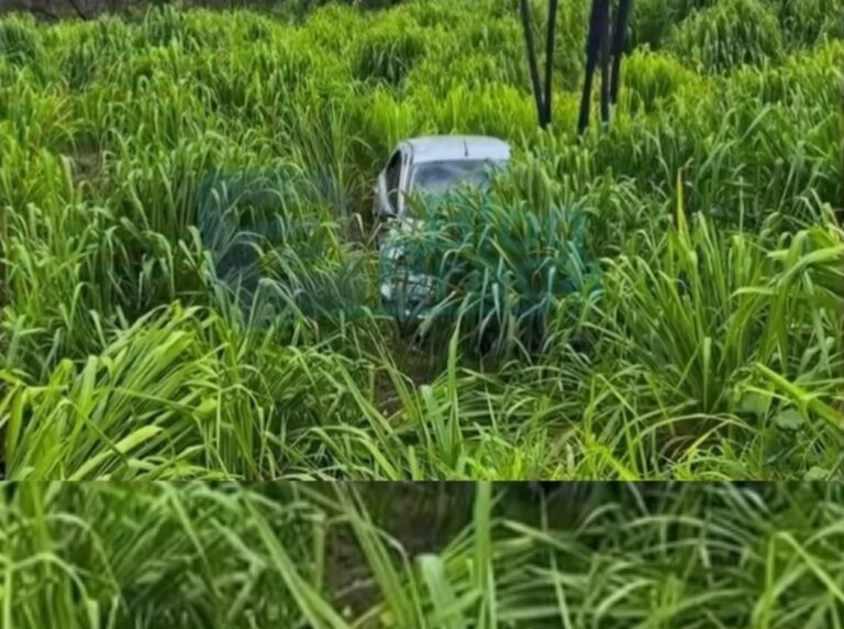 Veículo Ford Ka capotado às margens da BR-020 após acidente próximo a Roda Velha, no oeste da Bahia.