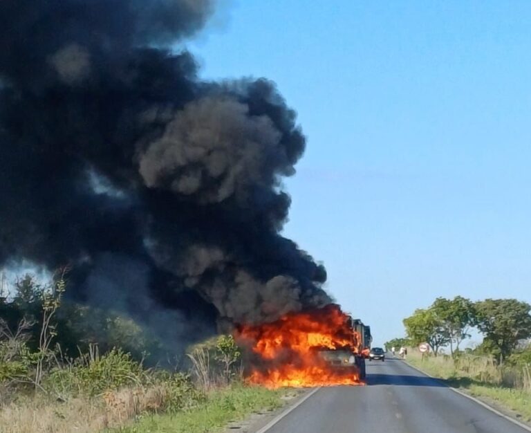 Carreta bitrem com incêndio na cabine após fogo iniciado em pneu na BR-349, em Correntina