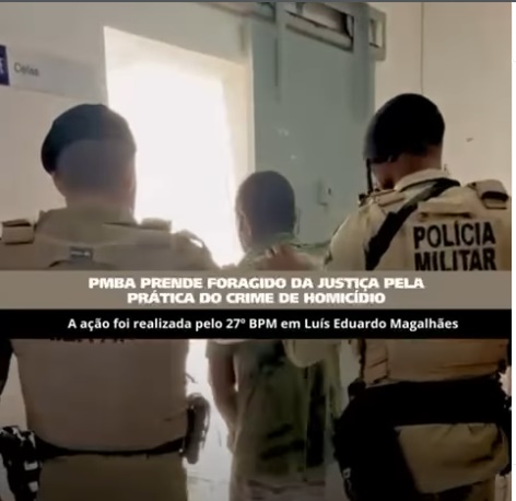 Guarnição do 27º BPM durante prisão de homem com mandado por homicídio qualificado em Luís Eduardo Magalhães, no oeste da Bahia.