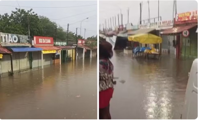 Ruas alagadas no centro de Xique-Xique após forte chuva que atingiu a cidade no oeste da Bahia.