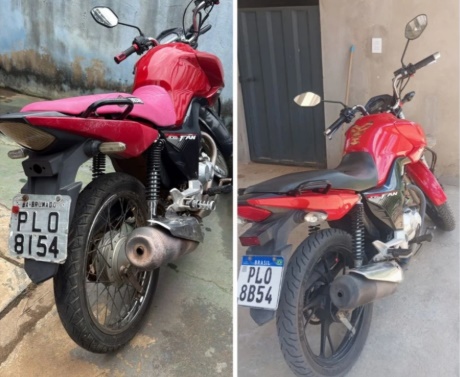 Motocicleta Honda CG Titan vermelha apreendida pela 86ª CIPM após suspeita de clonagem no Centro de Formosa do Rio Preto.