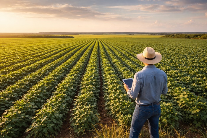 Produtor rural analisa dados financeiros e planejamento da safra em propriedade do Oeste da Bahia