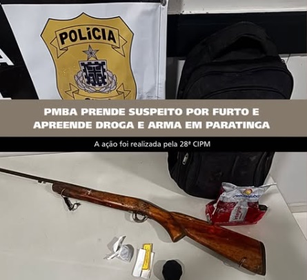 Polícia Militar apresenta arma de fogo artesanal e droga apreendidas durante prisão de suspeito de furto em Paratinga