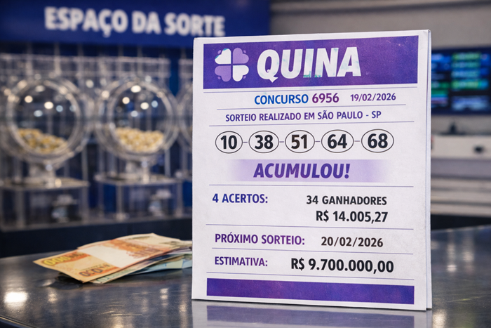 Bilhete de aposta da Quina com números sorteados no concurso 6956 realizado em São Paulo.