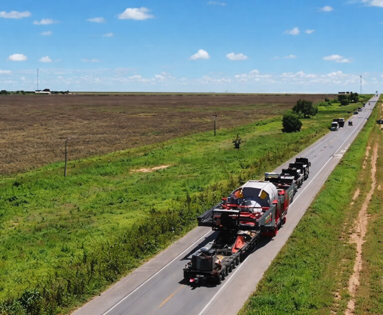 Carreta transportando estator de subestação com carga superpesada na BR-020 no oeste da Bahia
