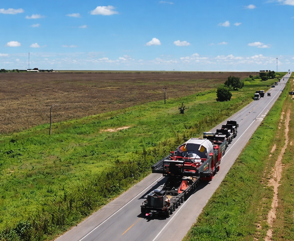 Carreta transportando estator de subestação com carga superpesada na BR-020 no oeste da Bahia
