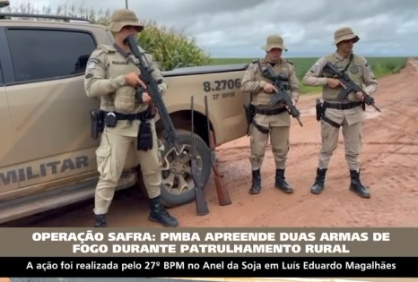 Armas foram encontradas após suspeitos fugirem ao perceber a aproximação da viatura da PM no Anel da Soja, em Luís Eduardo Magalhães.