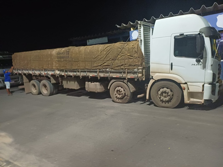 Carga de madeira serrada apreendida pela PRF durante fiscalização na BR-242, em Ibotirama, no oeste da Bahia.