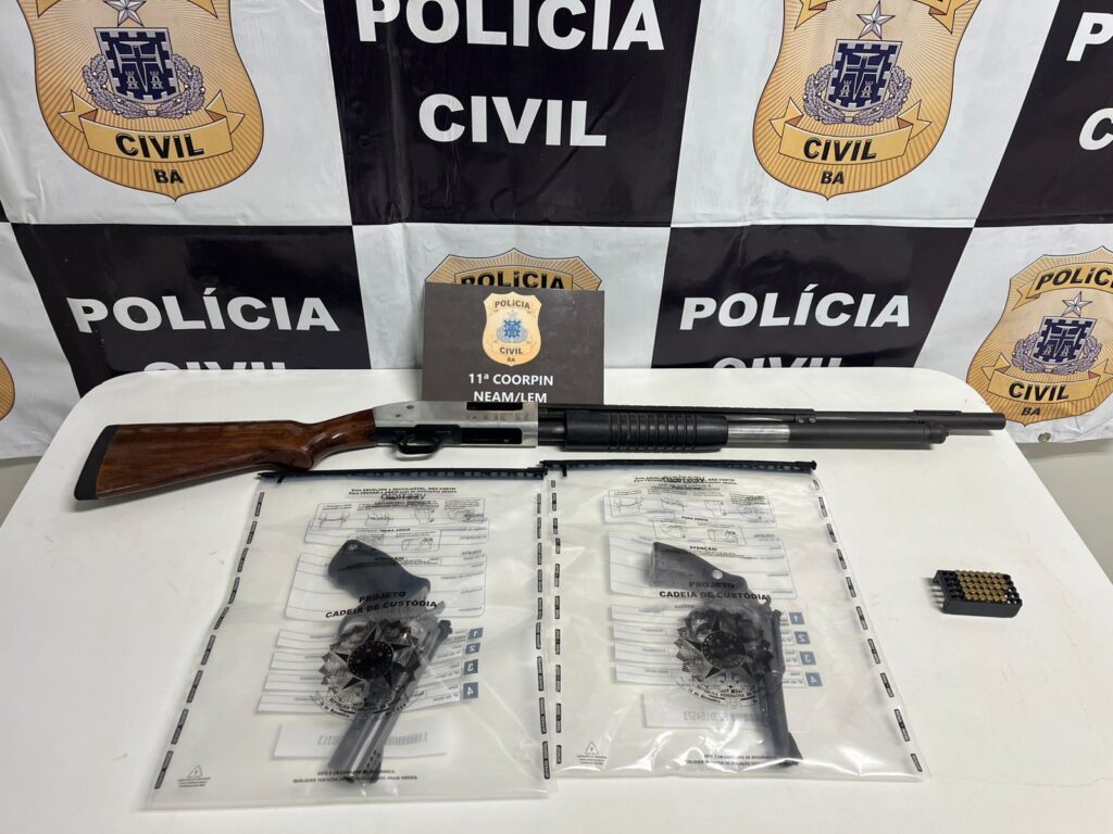 Armas de fogo apreendidas pela Polícia Civil em imóvel no bairro Campos Elíseos, em Luís Eduardo Magalhães, durante investigação de violência doméstica.