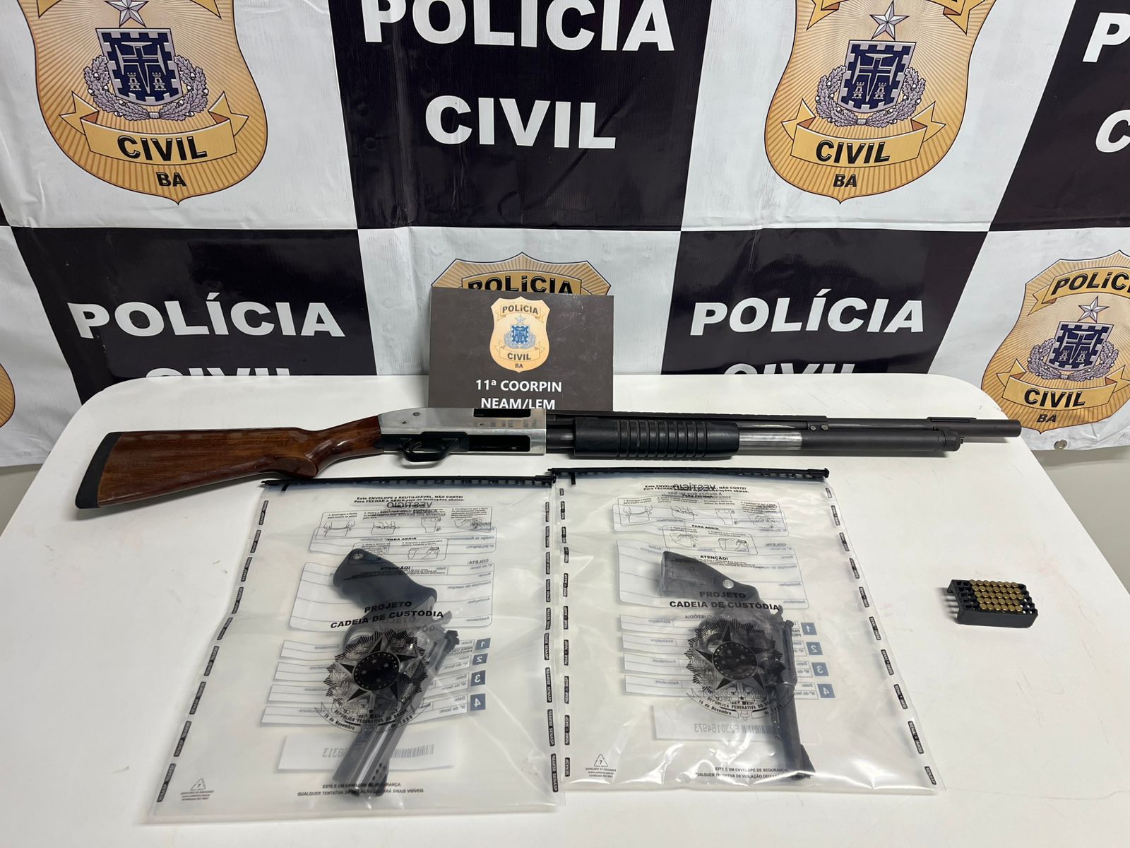 Armas de fogo apreendidas pela Polícia Civil em imóvel no bairro Campos Elíseos, em Luís Eduardo Magalhães, durante investigação de violência doméstica.