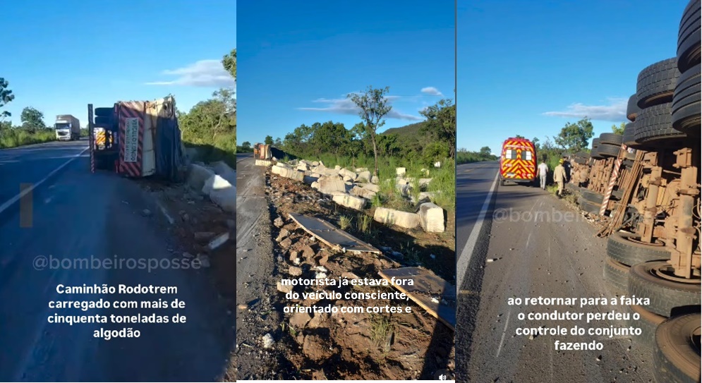 Caminhão rodotrem tombado na BR-020 em Correntina, com carga de algodão espalhada após acidente