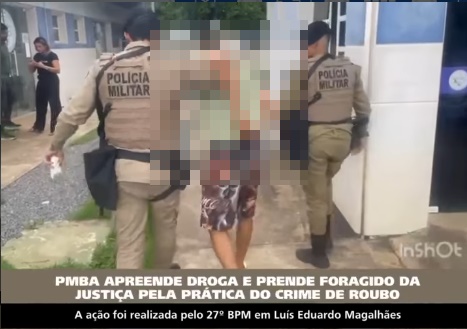 Policiais da CETO do 27º BPM durante ocorrência que resultou na prisão de um homem com mandado por roubo e apreensão de maconha em Luís Eduardo Magalhães.