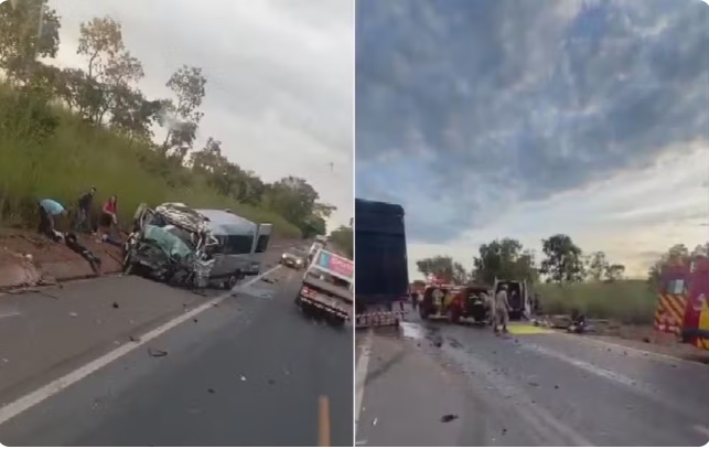 Cenário do acidente na BR-020 em Goiás com veículos destruídos após colisão envolvendo van, caminhão e caminhonete