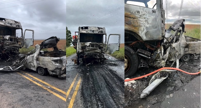 Veículo destruído após colisão com caminhão na BR-349, em Correntina, com registro de incêndio