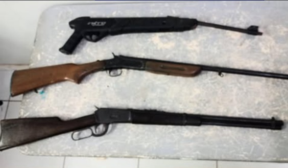 Armas apreendidas pela Polícia Militar, incluindo uma carabina calibre 38 e uma espingarda calibre 28 em Roda Velha, São Desidério