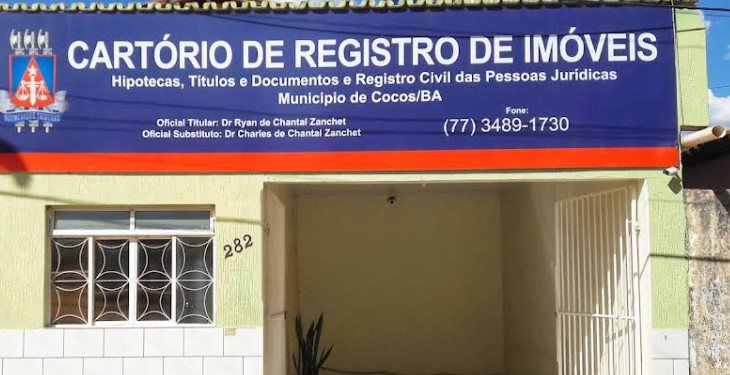 Fachada de cartório em Cocos, na Bahia, alvo de investigação por suspeita de irregularidades em registros de imóveis