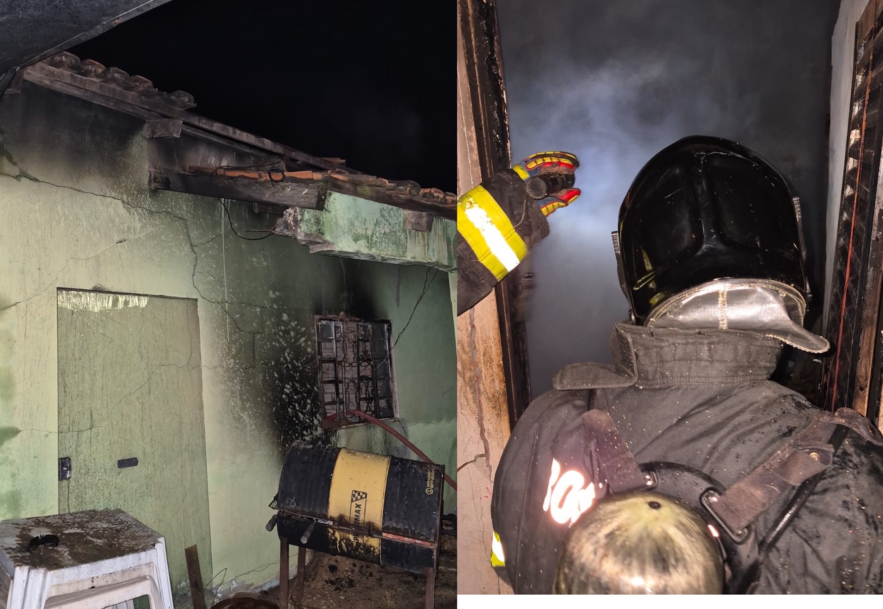 Bombeiros atuando no rescaldo de incêndio em residência no bairro Jardim das Acácias, em Luís Eduardo Magalhães