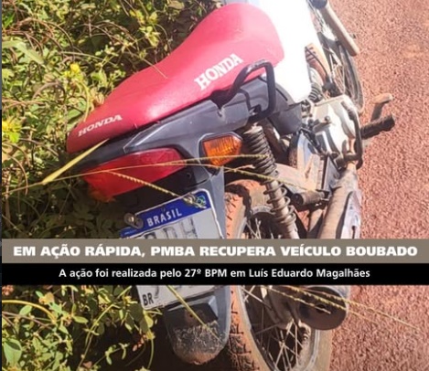 Motocicleta recuperada pela Polícia Militar após roubo no bairro Boa Vista, em Luís Eduardo Magalhães, no oeste da Bahia