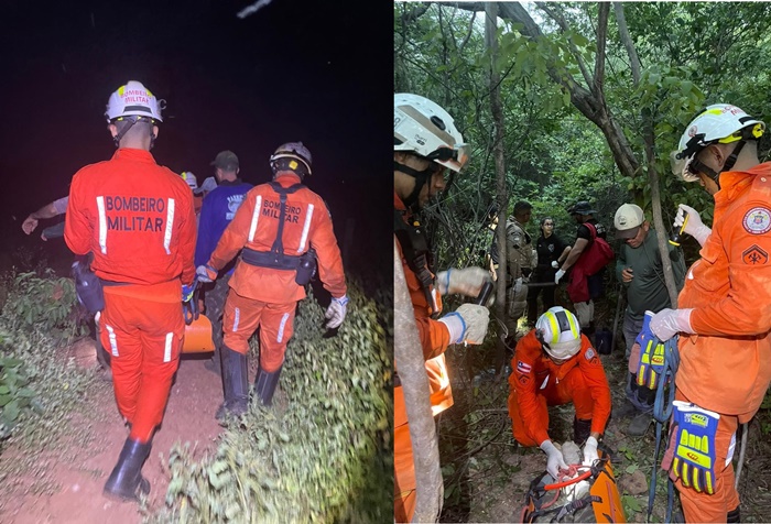 Bombeiros realizam resgate de corpo em área de mata de difícil acesso na Fazenda Lagoinha, zona rural de Angical, com apoio de equipes de segurança