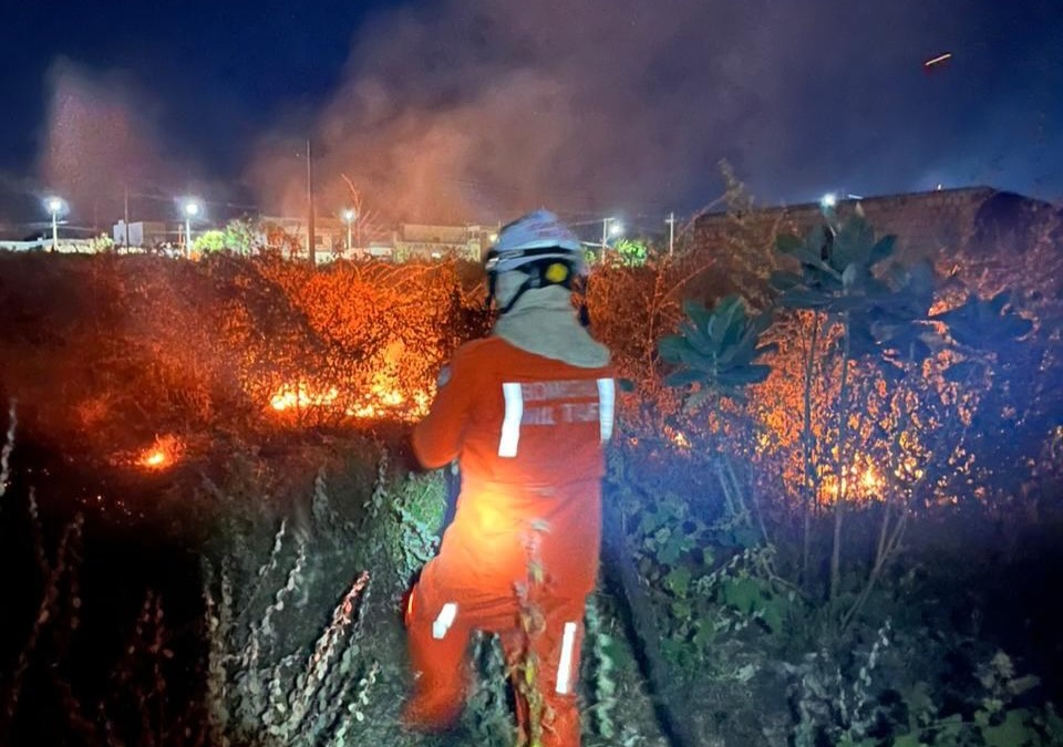 Bombeiros do 20º BBM combatendo incêndio em vegetação com uso de mangueiras em Bom Jesus da Lapa, na Bahia