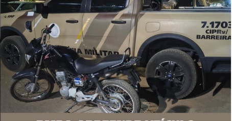 Motocicleta Honda CG 150 apreendida pela Polícia Militar com sinais de adulteração na BA-465, em Angical, oeste da Bahia