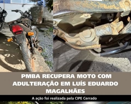 Motocicleta Honda CG cinza apreendida pela CIPE/Cerrado após identificação de adulteração no chassi e motor na zona rural de Luís Eduardo Magalhães.