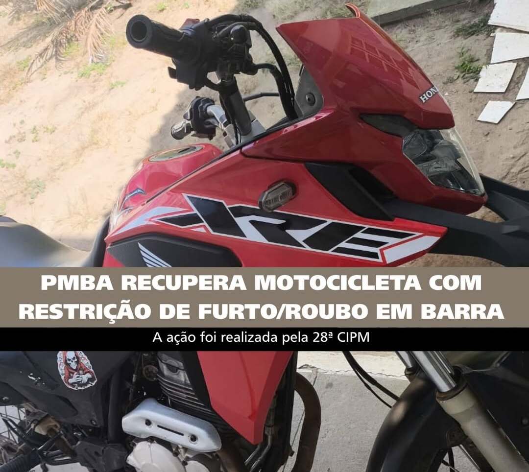 Policiais da 28ª CIPM durante recuperação de motocicleta com restrição de furto em Barra