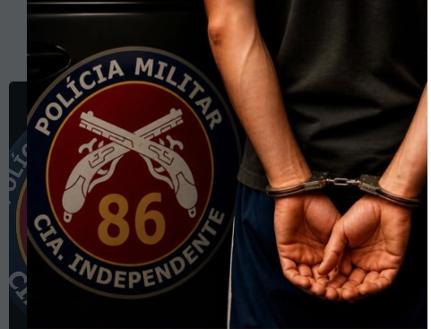 Policiais militares da 86ª CIPM durante condução de suspeito preso por homicídio qualificado em Formosa do Rio Preto.