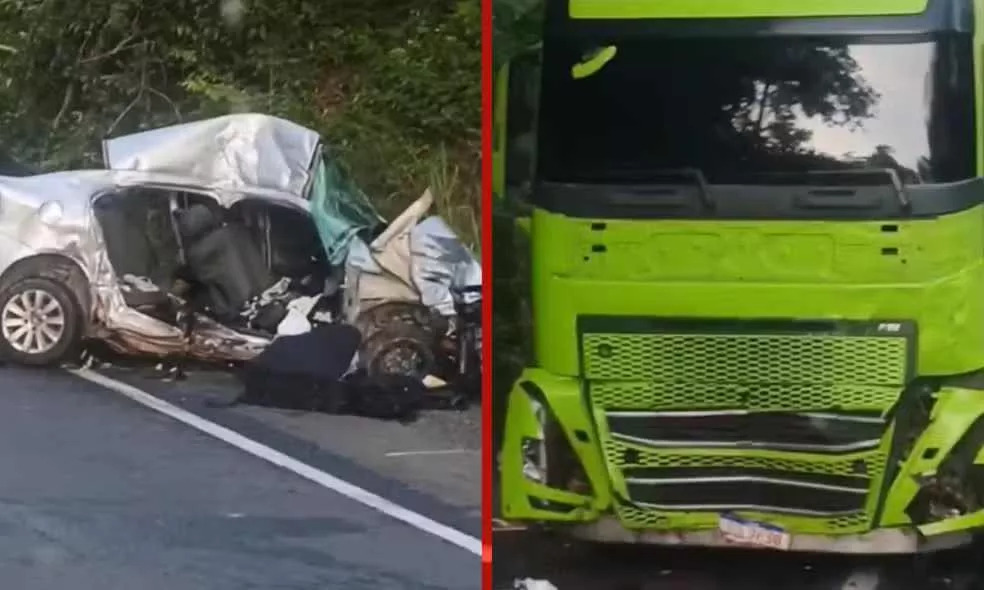 Veículo de passeio destruído após colisão com caminhão na BR-110, em Catu, acidente que deixou três pessoas mortas.