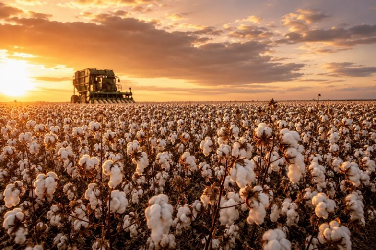 Lavoura de algodão no Oeste da Bahia durante a colheita, com máquinas agrícolas modernas operando em uma plantação de alta produtividade.