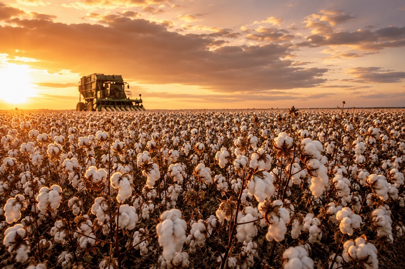 Lavoura de algodão no Oeste da Bahia durante a colheita, com máquinas agrícolas modernas operando em uma plantação de alta produtividade.