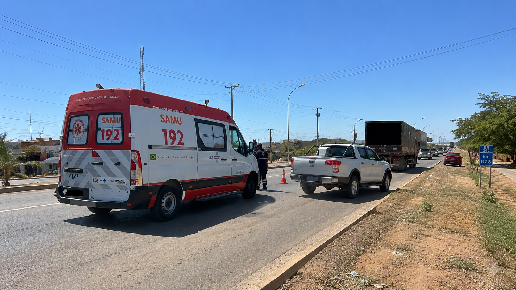 Ambulância do SAMU e picape envolvidas em colisão na BR-242, em Luís Eduardo Magalhães.