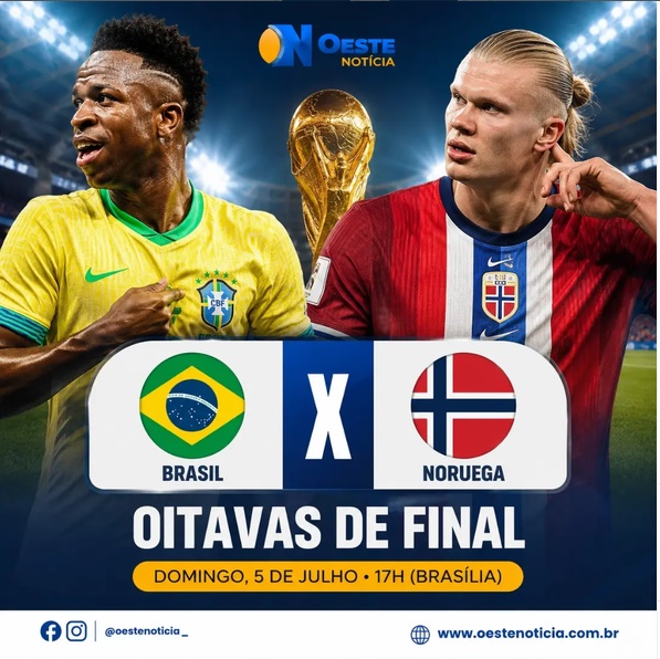 Jogadores de Brasil e Noruega entram em campo para o confronto das oitavas de final da Copa do Mundo, com destaque para Vinícius Júnior e Erling Haaland.