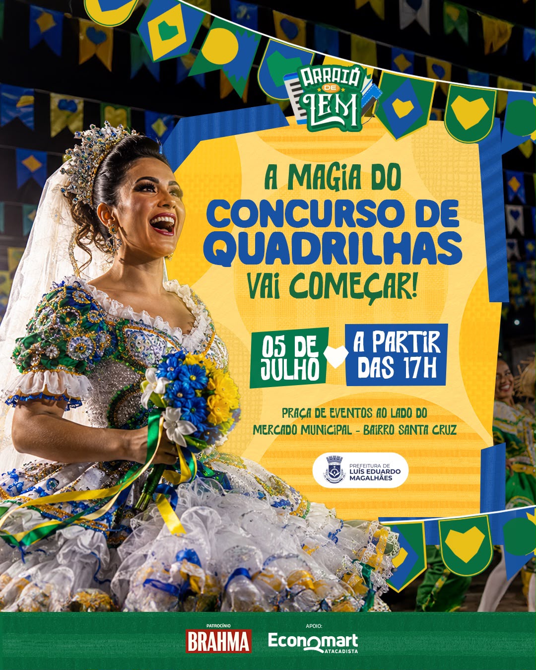 Integrantes de quadrilhas juninas se apresentam durante o Concurso Municipal de Quadrilhas Juninas do Arraiá de LEM 2026, em Luís Eduardo Magalhães.