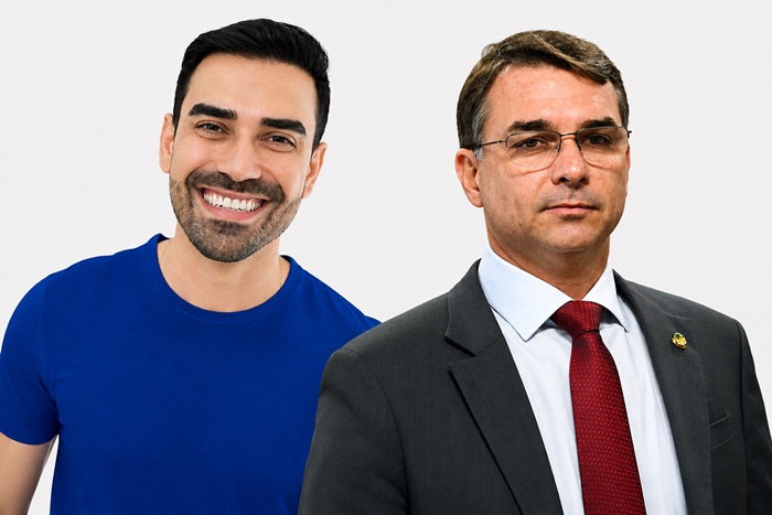 Flávio Bolsonaro e Júnior Marabá durante anúncio da participação do senador na Bahia Farm Show 2026, em Luís Eduardo Magalhães.