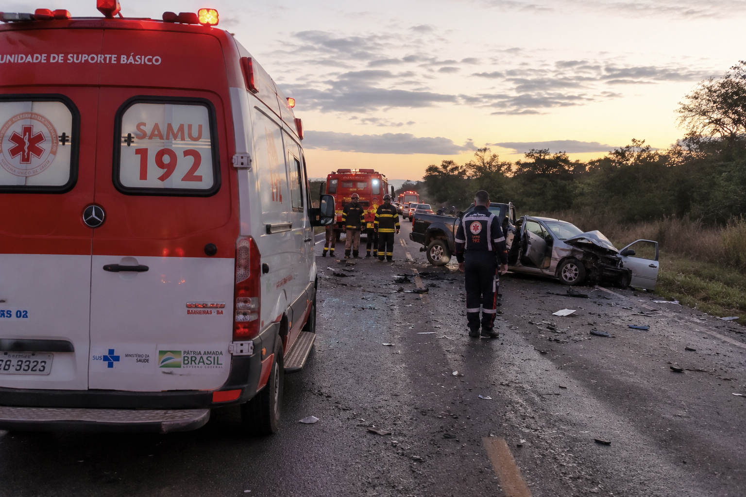 Veículos envolvidos em colisão frontal na BR-242 durante atendimento das equipes de resgate e perícia.