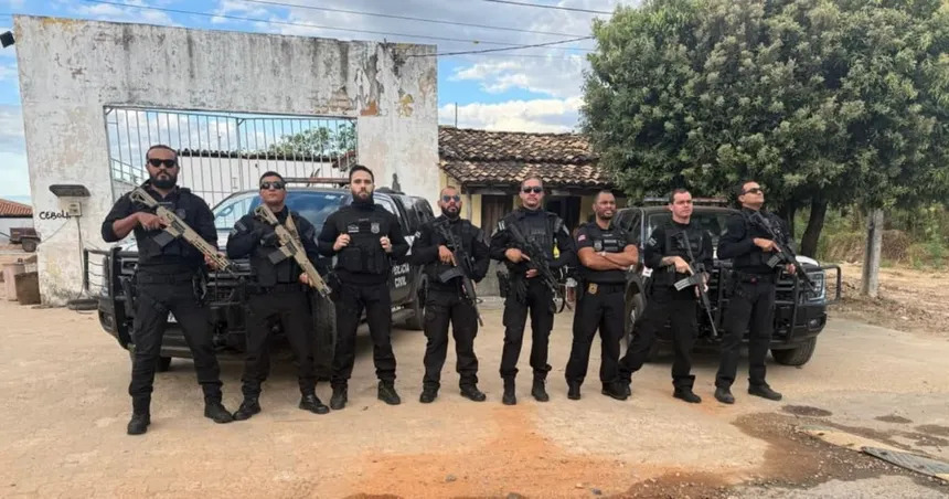 Equipes da Polícia Civil durante operação que resultou na prisão de suspeito em Santa Rita de Cássia.