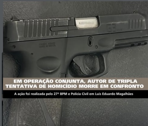 Polícia Militar e equipes da Polícia Civil durante operação conjunta realizada em Luís Eduardo Magalhães para cumprimento de ação contra suspeito de tripla tentativa de homicídio.