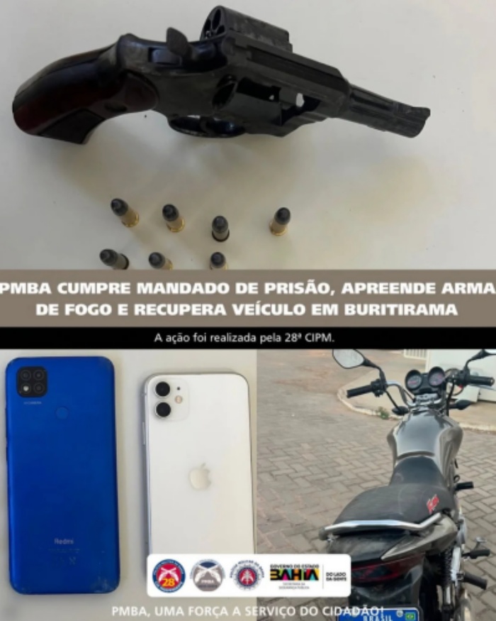 Policiais da 28ª CIPM apresentam revólver calibre .38 e motocicleta recuperada após cumprimento de mandado de prisão em Buritirama.