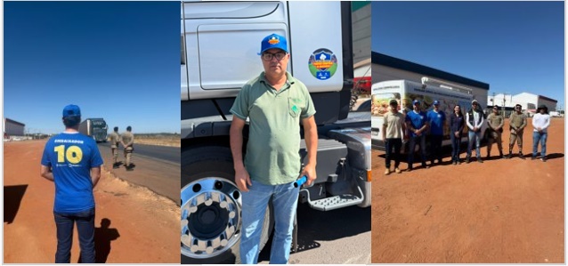 Equipe da Abapa, Adab e Polícia Militar orienta motoristas durante blitz educativa na BR-020, em Luís Eduardo Magalhães, sobre o transporte seguro de algodão para prevenir a disseminação do bicudo-do-algodoeiro.