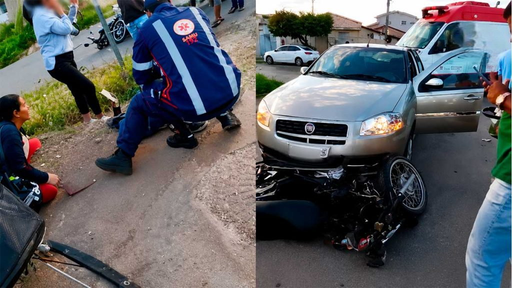 Motocicleta e carro envolvidos em colisão no cruzamento da Avenida José Bonifácio com a Rua Paulinho Coité, em Barreiras, onde uma mulher ficou ferida e recebeu atendimento do SAMU.