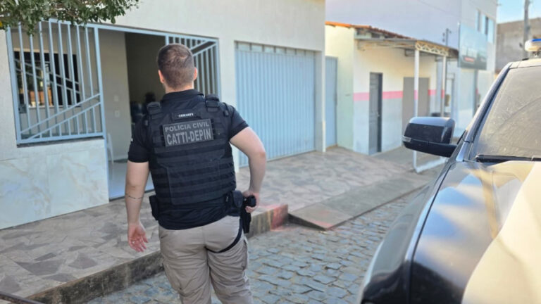 Policiais civis exibem armas de fogo apreendidas durante o cumprimento de um mandado de busca e apreensão na zona rural de Brejolândia, no Oeste da Bahia.