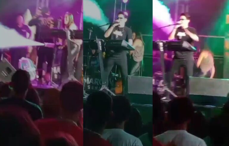 Prefeita Quinha de Mezo cai do palco durante evento público em Angical, no oeste da Bahia, em vídeo que repercutiu nas redes sociais.