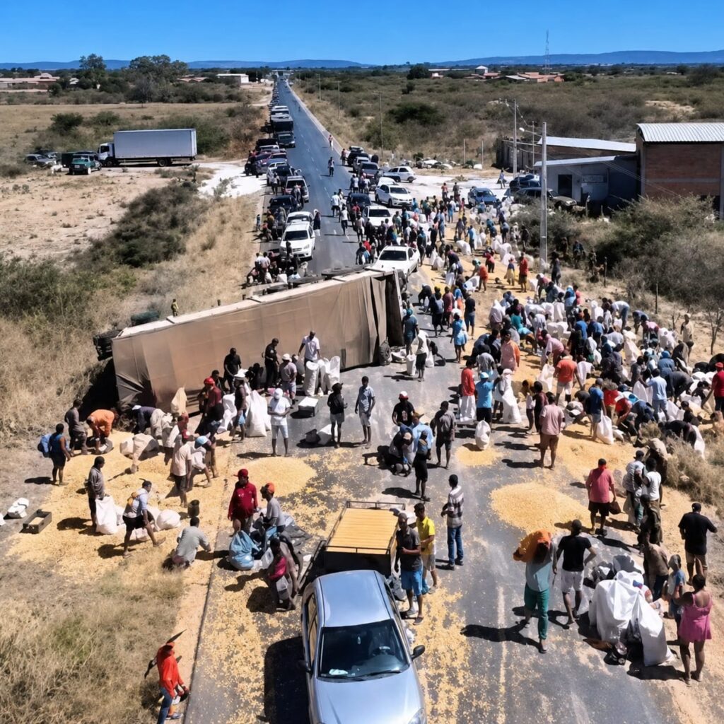 Carreta bitrem tombada na BA-161, em Barra, com carga de milho espalhada pela pista e pessoas recolhendo os grãos.