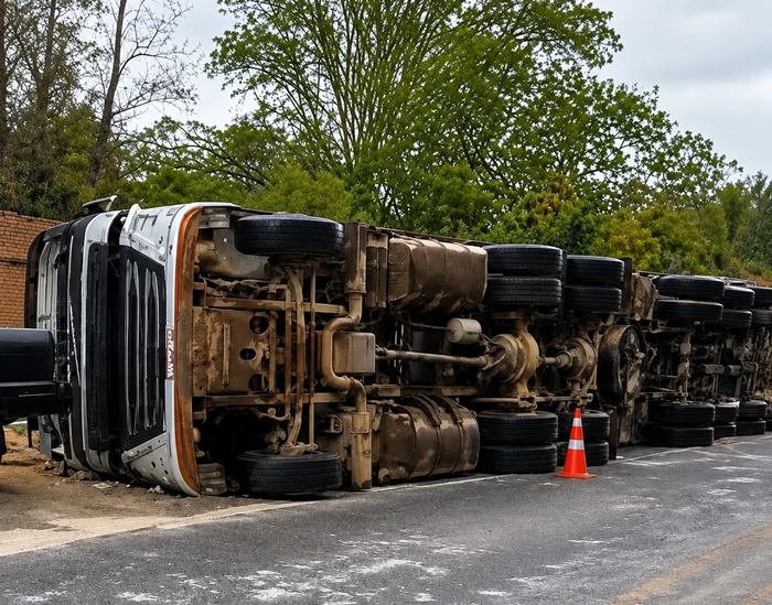 Caminhão carregado de soja tombado na BR-242, em Itaberaba, causando congestionamento na rodovia.