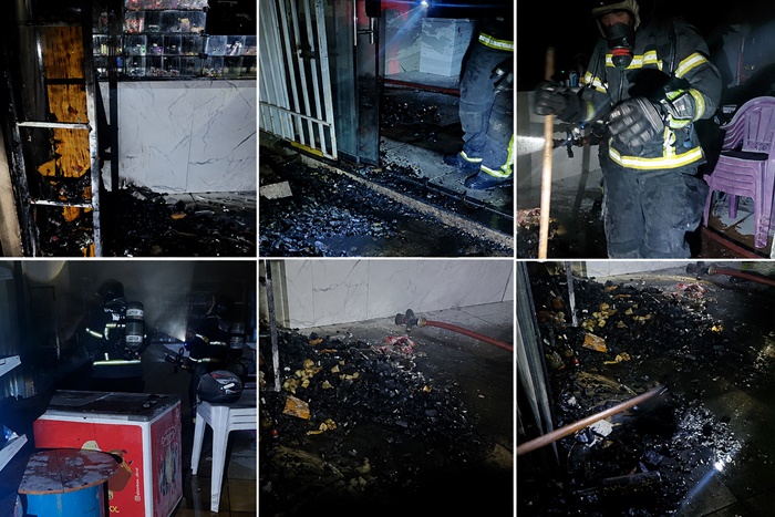 Bombeiros combatem incêndio em estabelecimento comercial no Loteamento Vereda Tropical, em Luís Eduardo Magalhães.
