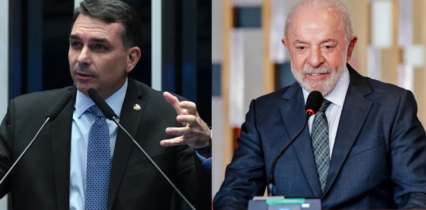 Montagem com imagens de Flávio Bolsonaro e Lula, candidatos à Presidência da República, em cenário de segundo turno das eleições de 2026.