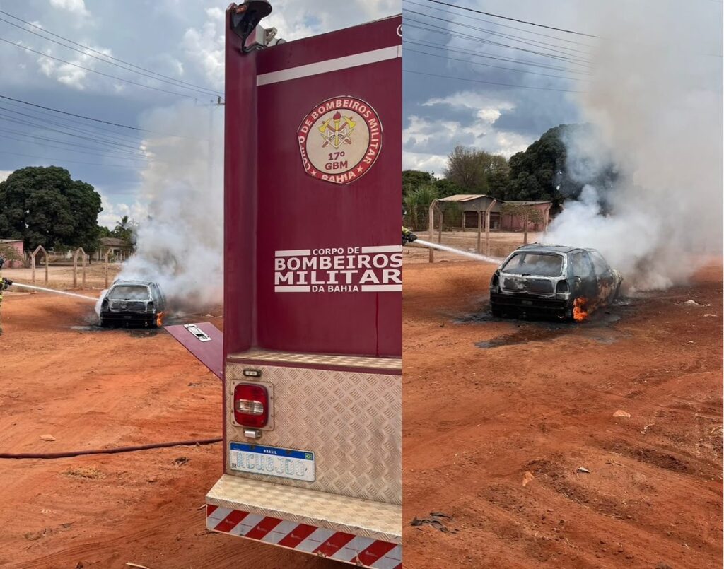 Veículo em chamas às margens da BR-242, em Luís Eduardo Magalhães, durante atendimento do Corpo de Bombeiros.
