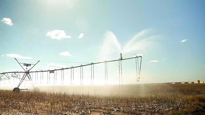 Sistema de irrigação por pivô central em lavoura no Oeste da Bahia, região de destaque na agricultura irrigada e na produção de grãos.